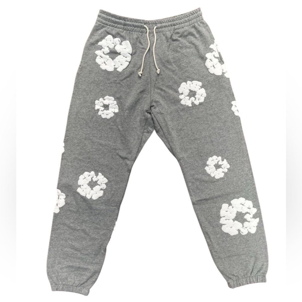 Men's Grey Jogger Sweatpants with White Floral Appliqué